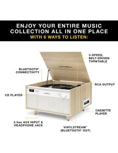 Centro Musical Victrola Century 6-en-1 Nuez - Tocadiscos, Bluetooth, CD, Casete 2