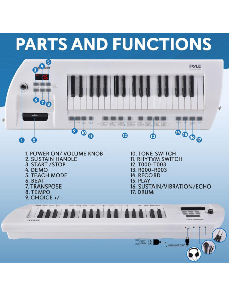 Piano Eléctrico Pyle PKBRD37WT 37 Teclas 200 Ritmos