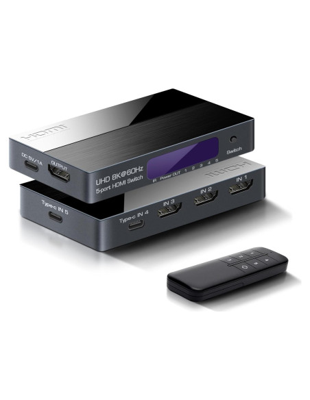 Conmutador HDMI 8K 5x1 FERRISA con USB-C y control remoto