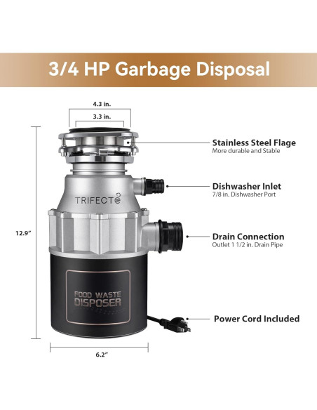 Triturador de Basura Trifecte EM 200 3/4 HP Acero Inoxidable