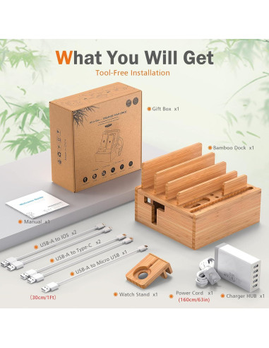 Estación de Carga de Bambú Pezin & Hulin 5 Puertos Soporte