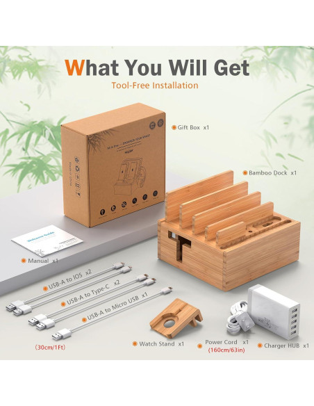 Estación de Carga de Bambú Pezin & Hulin 5 Puertos USB