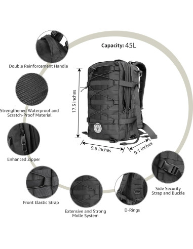 Mochila Táctica Impermeable 45L Negra con Sistema MOLLE
