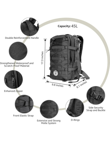 Mochila Táctica Impermeable 45L Negra con Sistema MOLLE