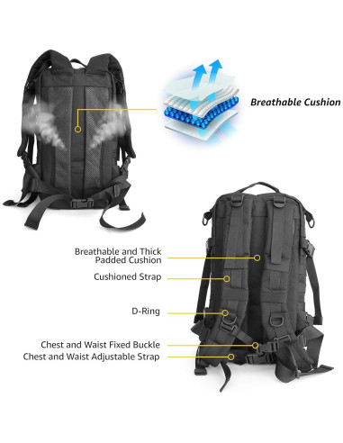 Mochila Táctica Impermeable 45L Negra con Sistema MOLLE