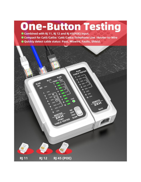 Probador de Cable de Red ZKH RJ45 y RJ11, Prueba POE