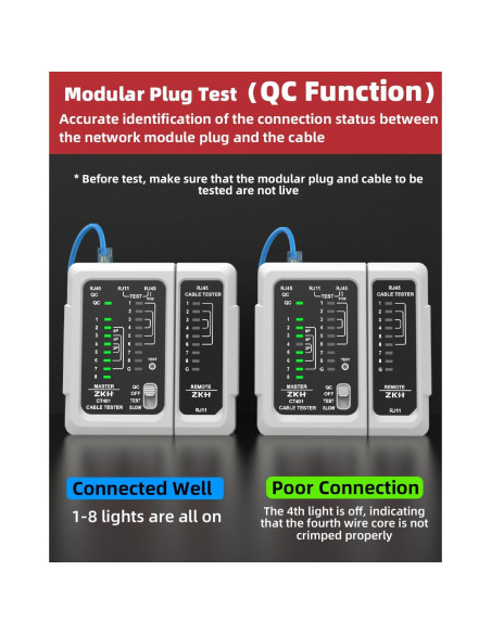 Probador de Cable de Red ZKH RJ45 y RJ11, Prueba POE