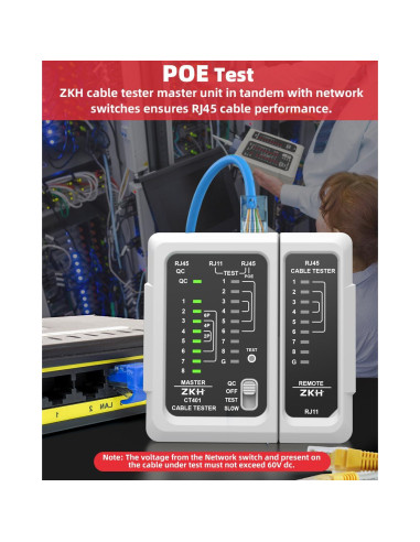Probador de Cable de Red ZKH RJ45 y RJ11, Prueba POE