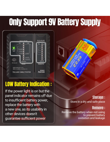 Probador de Cable de Red AMPCOM RJ45 RJ11 RJ12 CAT5E CAT6 CAT7