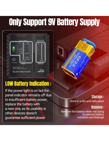 Probador de Cable de Red AMPCOM RJ45 RJ11 RJ12 CAT5E CAT6 CAT7