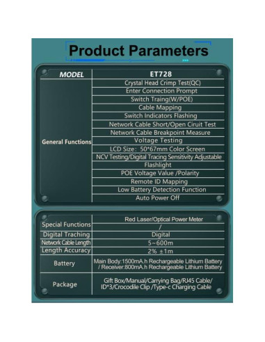 Probador de Cable de Red Abestop ET728 con Funciones Múltiples