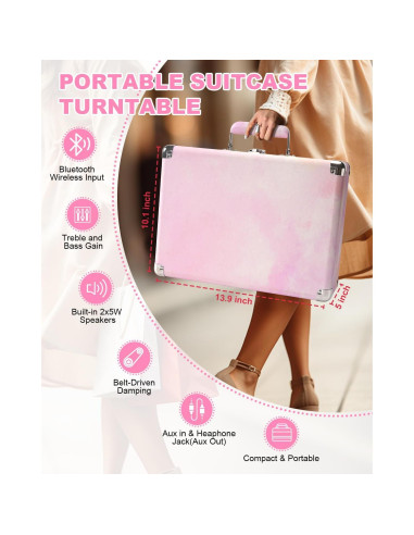 Reproductor de Vinilo TANLANIN TE-001DPW Rosa Acuarela Bluetooth