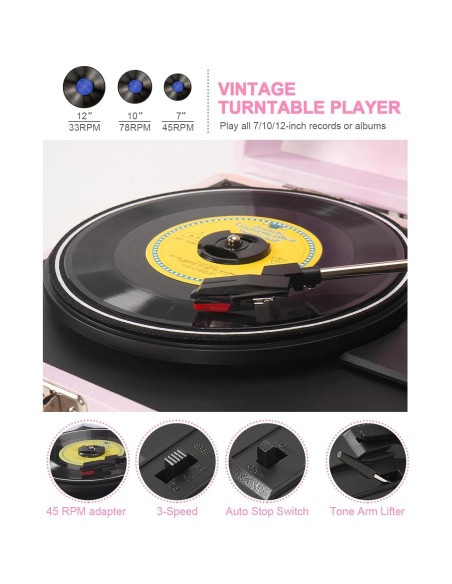 Reproductor de Vinilo TANLANIN TE-001DPW Rosa Acuarela Bluetooth