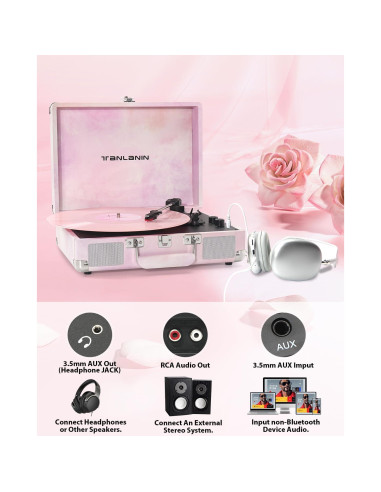 Reproductor de Vinilo TANLANIN TE-001DPW Rosa Acuarela Bluetooth