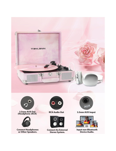 Reproductor de Vinilo TANLANIN TE-001DPW Rosa Acuarela Bluetooth