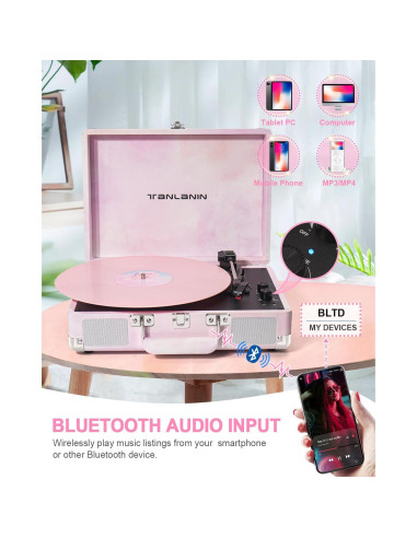 Reproductor de Vinilo TANLANIN TE-001DPW Rosa Acuarela Bluetooth