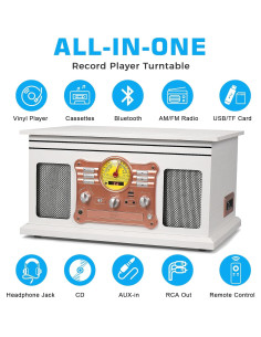 Reproductor de Vinilo Bluetooth TANLANIN 10 en 1 Madera Blanca 2