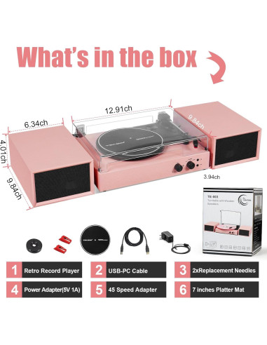 Reproductor de Vinilo TANLANIN TE-003PK Rosa con Bluetooth