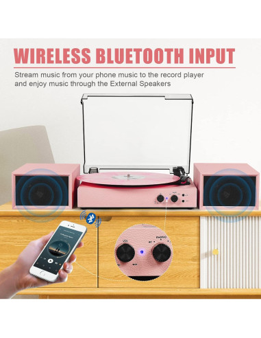 Reproductor de Vinilo TANLANIN TE-003PK Rosa con Bluetooth