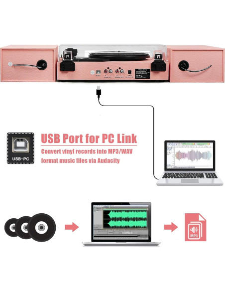 Reproductor de Vinilo TANLANIN TE-003PK Rosa con Bluetooth