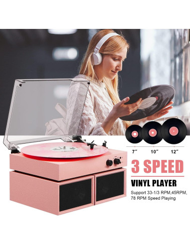 Reproductor de Vinilo TANLANIN TE-003PK Rosa con Bluetooth