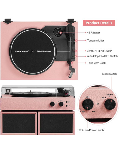 Reproductor de Vinilo TANLANIN TE-003PK Rosa con Bluetooth