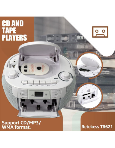 Retekess TR621 Boombox CD y Casete Portátil Blanco
