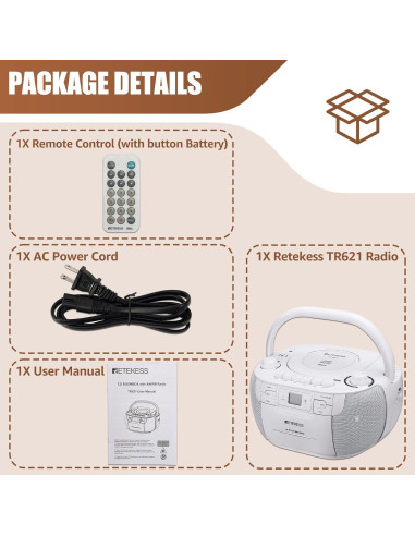 Retekess TR621 Boombox CD y Casete Portátil Blanco