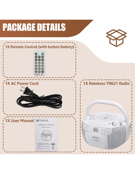 Retekess TR621 Boombox CD y Casete Portátil Blanco