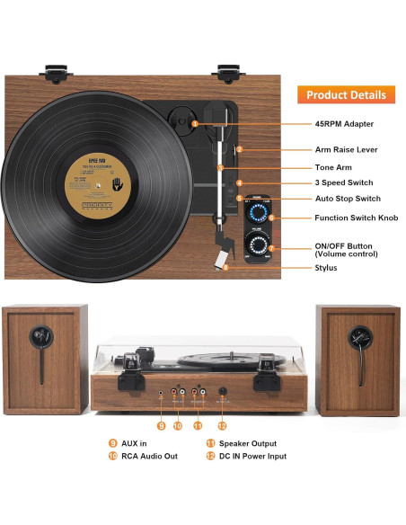 Reproductor de Vinilo TANLANIN TE-2028-TAN Bluetooth 33/45/78 RPM