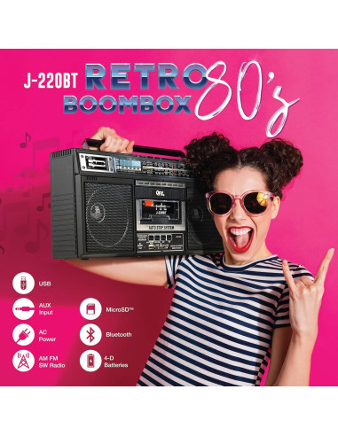 QFX J-220BT Boombox Bluetooth con Radio 4 Bandas y Grabadora