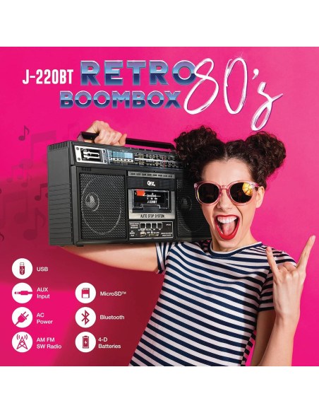 QFX J-220BT Boombox Bluetooth con Radio 4 Bandas y Grabadora