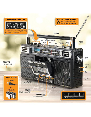 QFX J-220BT Boombox Bluetooth con Radio 4 Bandas y Grabadora