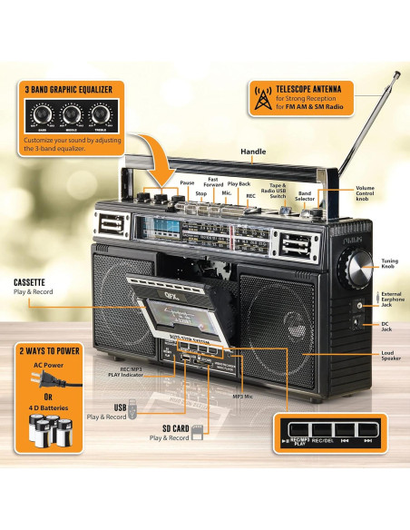QFX J-220BT Boombox Bluetooth con Radio 4 Bandas y Grabadora
