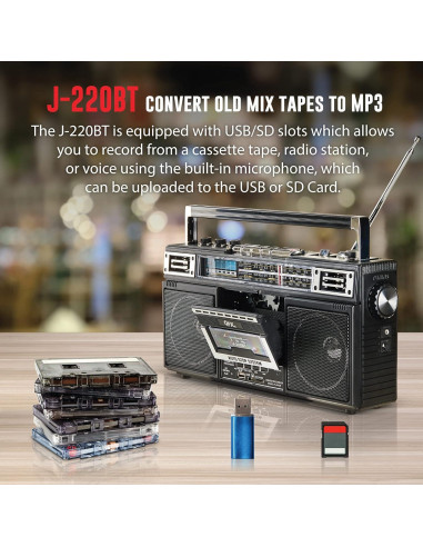 QFX J-220BT Boombox Bluetooth con Radio 4 Bandas y Grabadora