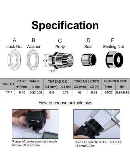 LeMotech Pasacables PG11 Impermeables 20 Piezas 6-10mm