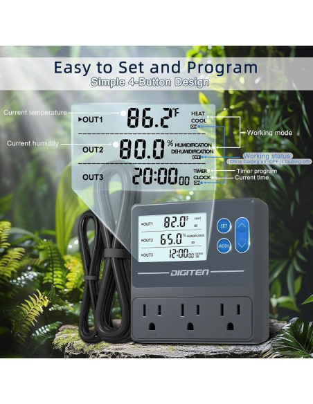 Controlador de Temperatura y Humedad DIGITEN THT103 3 Enchufes