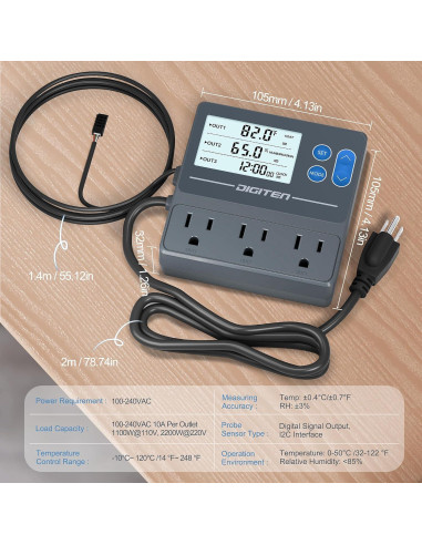 Controlador de Temperatura y Humedad DIGITEN THT103 3 Enchufes