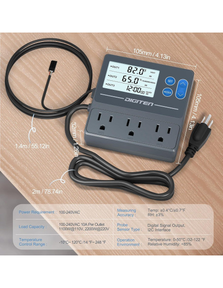 Controlador de Temperatura y Humedad DIGITEN THT103 3 Enchufes