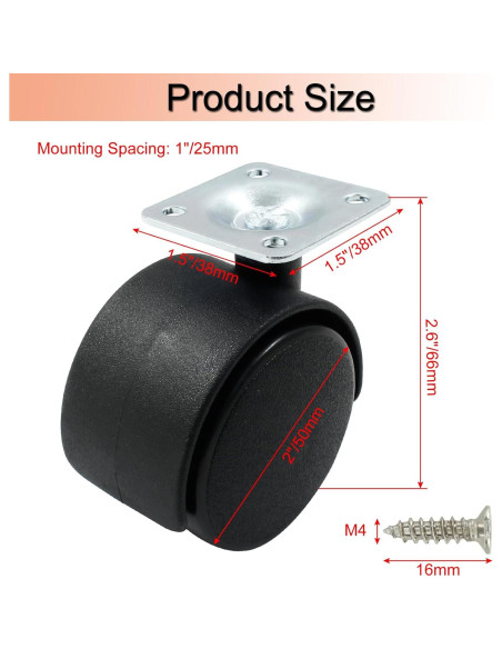 4 Ruedas Giratorias de Nylon 50mm para Muebles Suiwotin