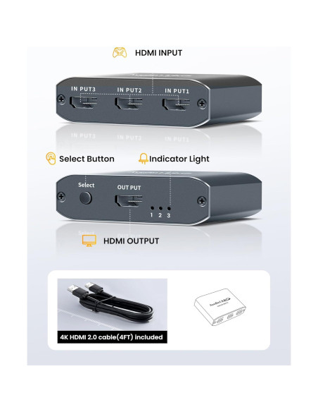 Conmutador HDMI 3 en 1 avedio links 4K@60Hz Aluminio