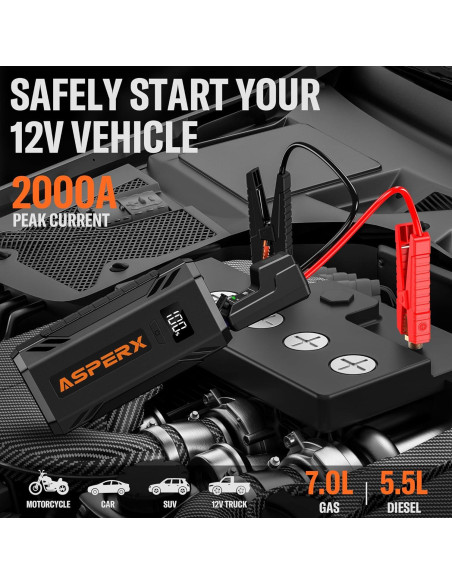 Arrancador de Coche AsperX AX-1500 2000A Pantalla LCD