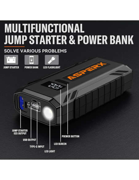 Arrancador de Coche AsperX AX-1500 2000A Pantalla LCD