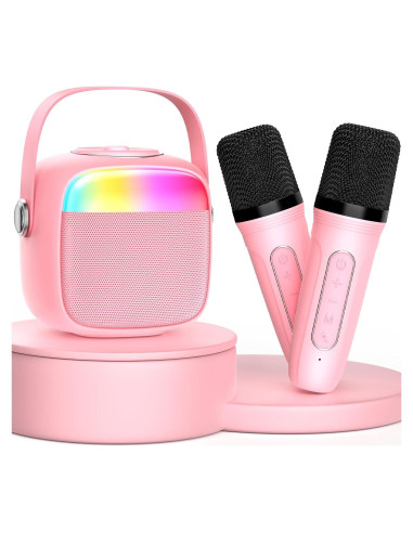 Mini Máquina de Karaoke HWWR Rosa con 2 Micrófonos Inalámbricos