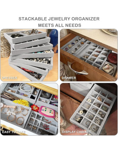 Bandejas de Joyería Afnkiom 8 Compartimentos Terciopelo Gris