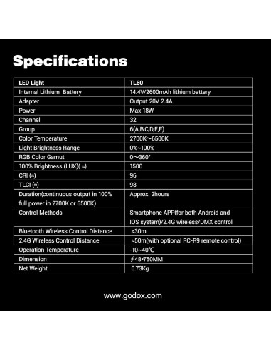 Kit de luz LED RGB Godox TL60-K4, 4 lámparas, 2700K-6500K