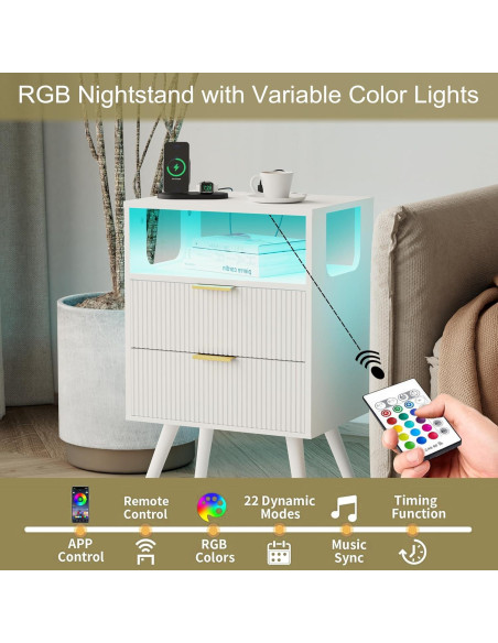 Mesita de Noche JOONEE V S Blanca con Carga y LED