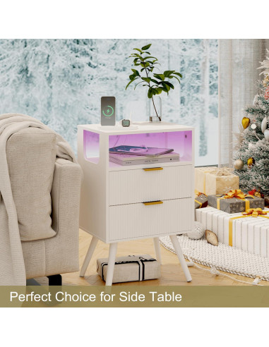 Mesita de Noche JOONEE V S Blanca con Carga y LED