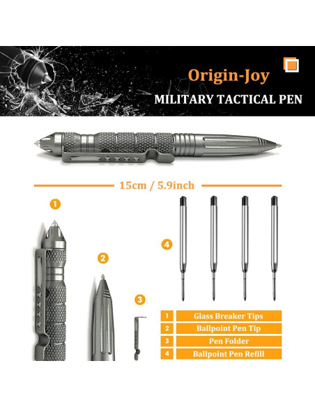Conjunto 4 Bolígrafos Tácticos Origin-Joy Acero Tungsteno Gris