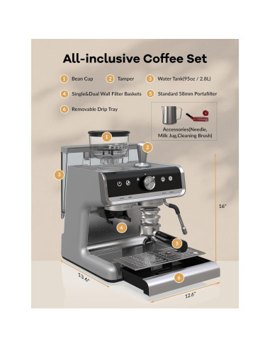 Máquina de Café Espresso GarveeHome 20 Bar 1450W con Espumador